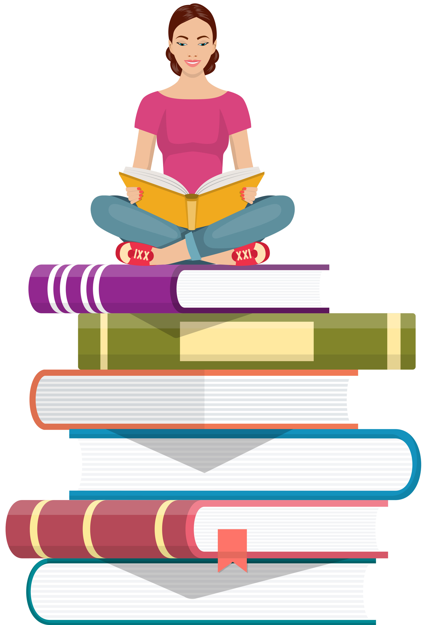 Young Woman Sitting On The Stack Of Books